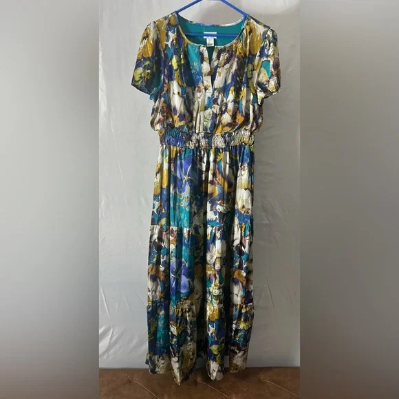 Nicole Miller Floral Maxi Dress in Blue, Teal & Gold - Picture 1 of 12